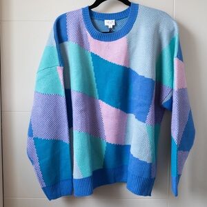 NWT Y2K Le Lis Blue Color Block Patchwork Sweater Sz S Cozy 80s 90s Full House